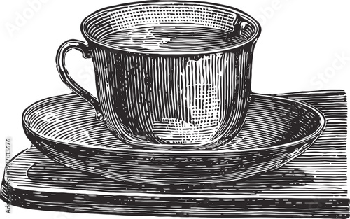 Vintage engraved coffee cup and saucer set on a wooden surface illustration