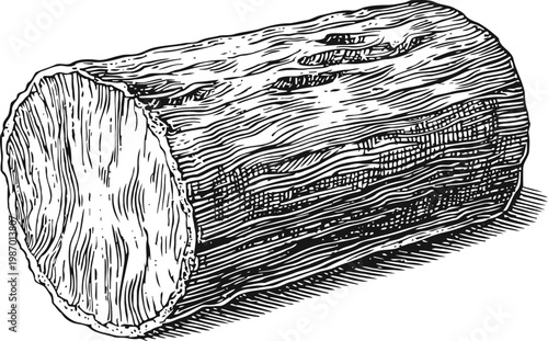Wood log illustration showing detailed bark texture and tree rings cross section
