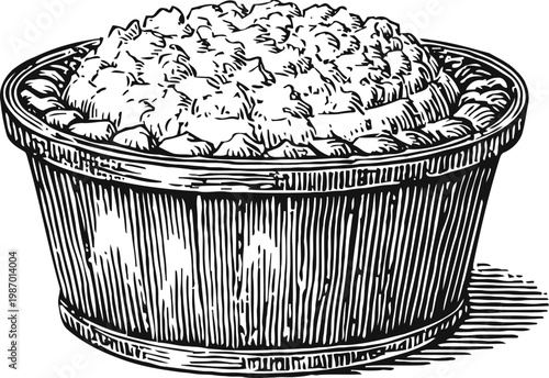 Wooden bowl filled with cottage cheese curds vintage dairy product illustration