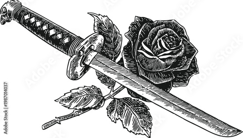 Katana sword laying on a detailed blooming rose with leaves, vintage black and white engraving art