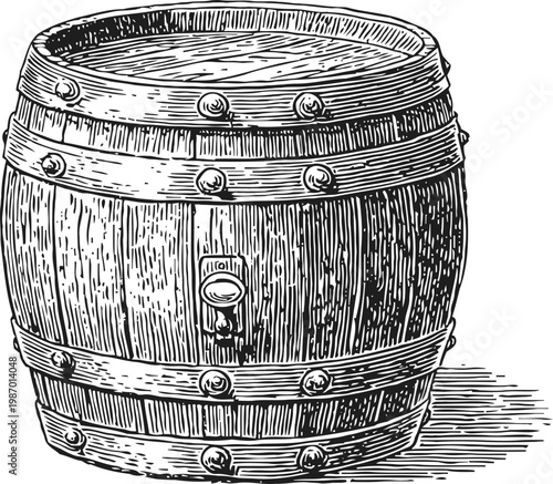 Wooden barrel with metal bands and spigot, vintage rustic container illustration