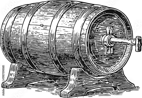 Wooden barrel with tap on stand vintage hand drawn container for storing and dispensing liquids
