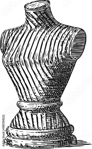 Vintage wooden mannequin bust illustration classic carved dress form for tailoring and fashion design display