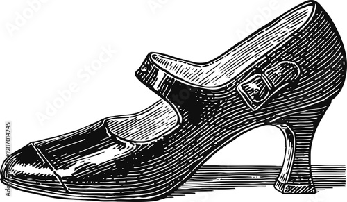 Vintage women's heeled shoe with buckle strap, classic retro footwear illustration