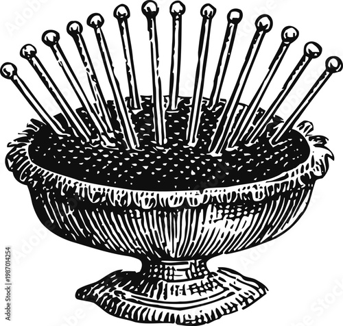 Vintage pincushion with pins in bowl sewing tool with needles for fabric and tailoring