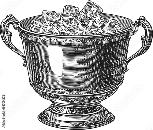 Antique ice bucket filled with ice cubes vintage metal cooler with ornate handles and detailed engraving