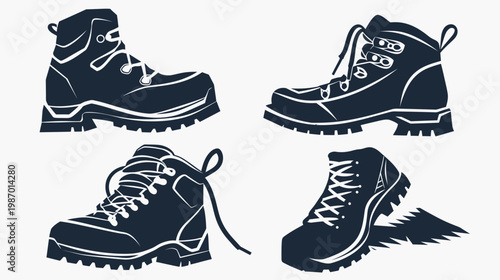 Four stylized illustrations of hiking boots with white outlines, each depicting a different design