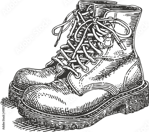 Vintage pair of rugged lace up boots detailed hand drawn illustration of sturdy outdoor footwear