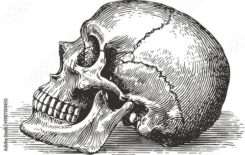 Detailed anatomical human skull illustration in vintage engraving side view