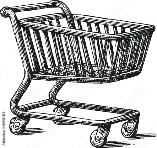 Vintage shopping cart illustration hand drawn supermarket trolley with wheels retro market basket design