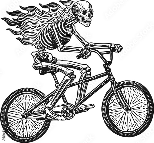 Skeleton with flaming hair riding a bicycle spooky biker, ghostly rider, dark art illustration