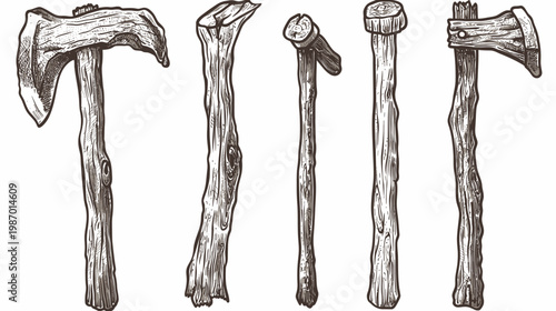 Stylized illustration showing five hand-drawn tools, including axes, hammers, and wooden poles