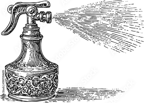 Vintage ornate perfume atomizer spraying fine mist in detailed engraving