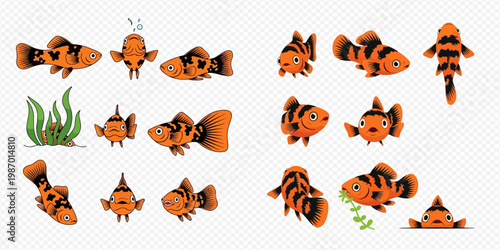 Set of cute cartoon fish with orange and black stripes, in various poses and angles, isolated on transparent background.
