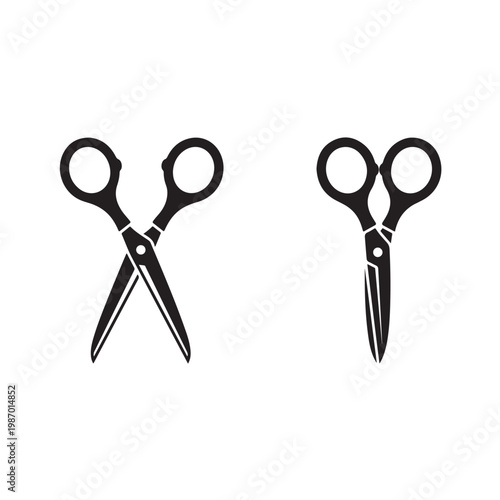 Black Scissors Icons Set - Open and Closed Cutting Tool Vector Illustration