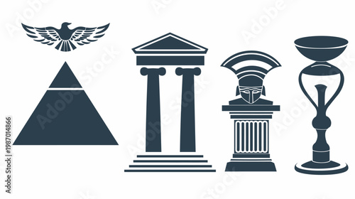 A collection of stylized, dark blue silhouettes featuring a bird, pyramid, columns, bust, and a lamp