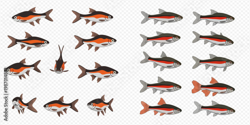 Set of animated fish sprites for game development with various views and colors, including orange and red variations, isolated on a transparent background.