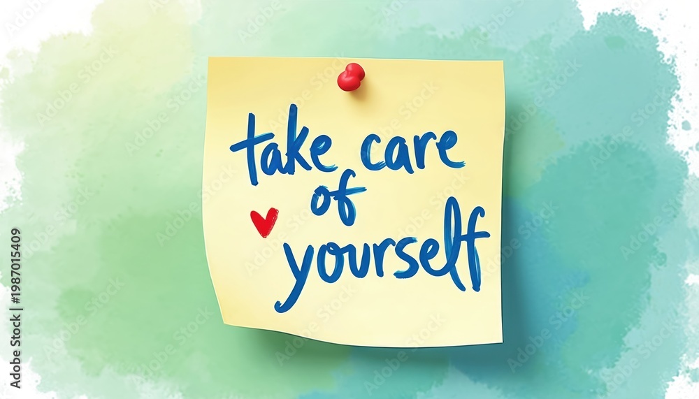 Obraz premium Yellow sticky note pinned on watercolor background. Handwritten text says take care of yourself with small red heart. Positive message concept for self-love and mental health awareness.