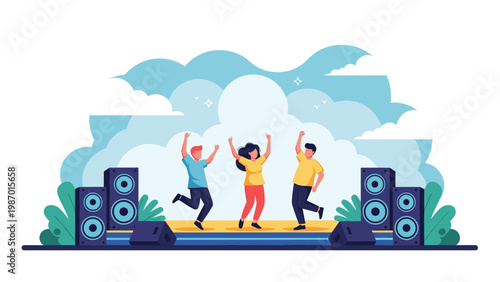 Group of young people dancing happily on a festival stage surrounded by large audio speakers with fluffy white clouds in the background.