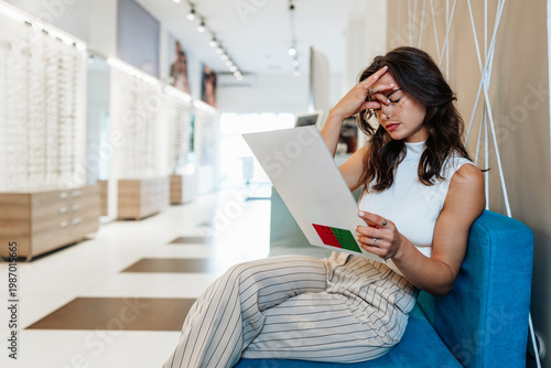 Fotografie A focused young woman sits on a blue sofa in a modern optical store, holding a vision test chart and adjusting her new eyeglasses to check her sight