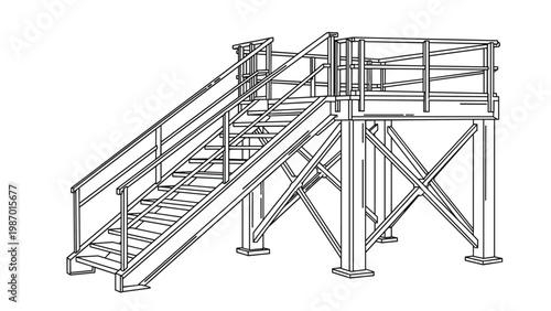 Black and white line drawing of an industrial metal platform featuring stairs and safety railings on a sturdy support structure.