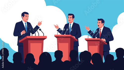 Three politicians in dark suits engaging in a public debate behind red podiums with a crowd and cloudy blue sky background.
