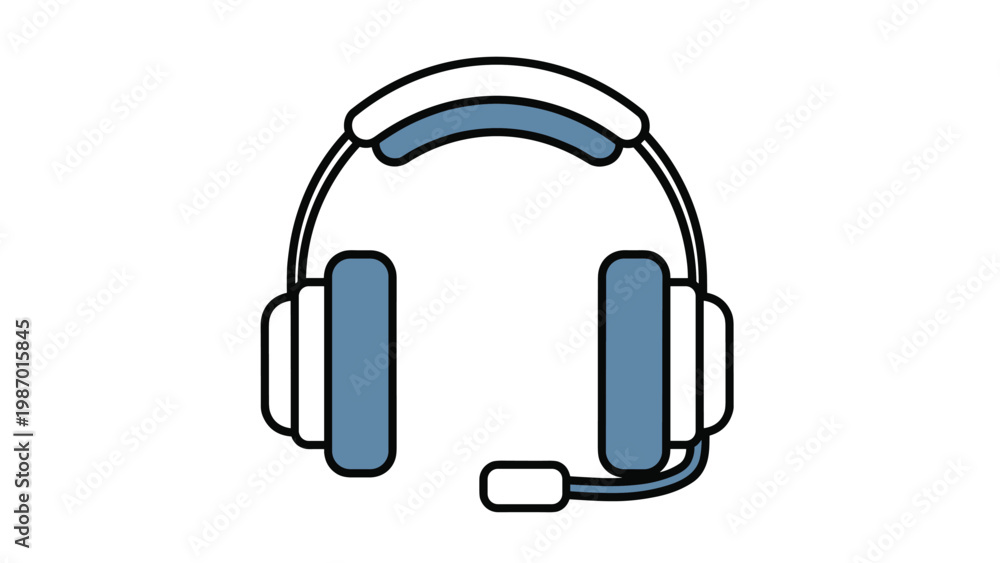 Fototapeta premium Simple line illustration of a professional blue and white headset with an attached microphone for communication and gaming uses.