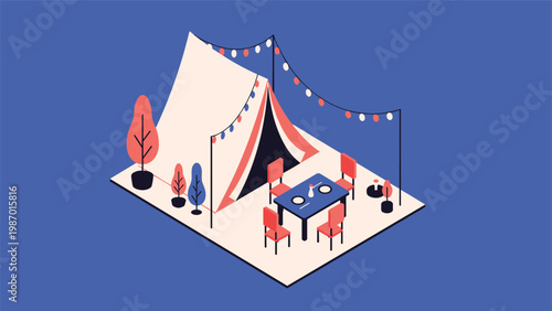 Cozy camping or glamping setup featuring a white tent with a set dining table and chairs decorated with colorful hanging lights at night.