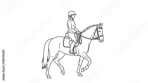 Elegant black and white line drawing depicting a woman in riding gear gracefully riding a horse in a side view profile.