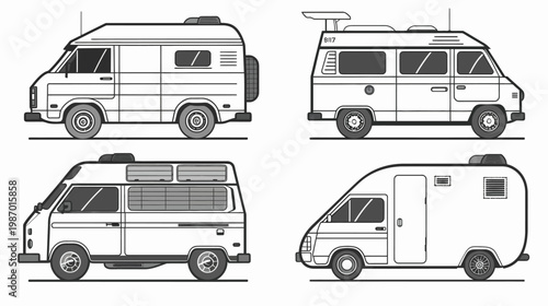 Four stylized illustrations of recreational vehicles with varying designs and features
