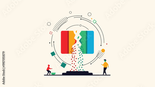 Creative abstract illustration showing a colorful credit card splitting apart with two small figures at the bottom symbolizing financial debt.