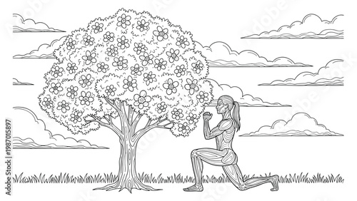 Detailed black and white line art of a muscular woman performing lunges under a blooming tree in a scenic outdoor field.