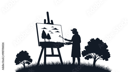 Silhouette of a female artist painting a beautiful nature landscape on a canvas easel while standing in a grassy field during sunset.