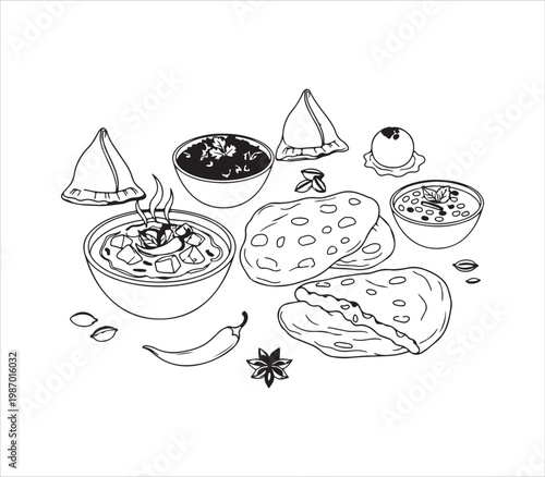 Delicious assortment of traditional Asian street food dishes illustration