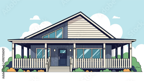 Modern residential house illustration featuring a large front porch, wooden railings, and contemporary architectural design elements.