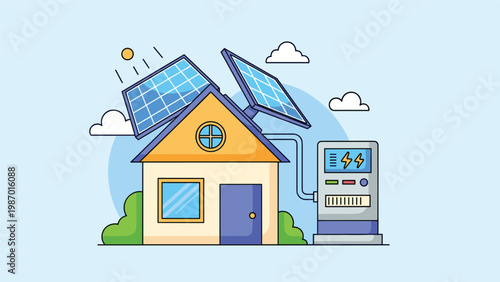 Residential home equipped with solar panels on the roof connected to an external energy storage system for sustainable living concepts.
