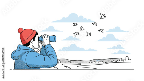 Man wearing a red beanie and blue jacket using binoculars to observe a flock of birds flying over a scenic river valley landscape.