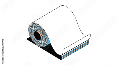 Isometric view of a large roll of white paper or fabric being unrolled from a core, showing multiple layers of material in a 3d style.