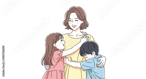 A cheerful mother is embraced by her daughter and son in a heartwarming celebration of Happy Mothers Day 2026 with family, depicted in a simple, charming vector illustration against a clean