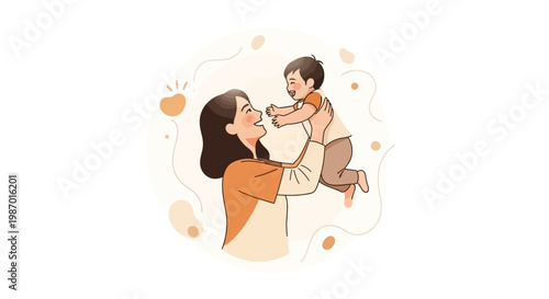 A mother joyfully lifts her toddler in a flat illustration, celebrating happy Mothers Day 2026 with family, depicted with soft, warm tones and playful shapes against a clean white