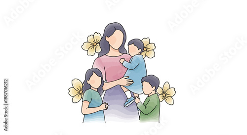 Celebrating a happy Mother's Day in 2026, an affectionate mother embraces her three children in a warm, loving illustration against a clean white background, surrounded by soft yellow