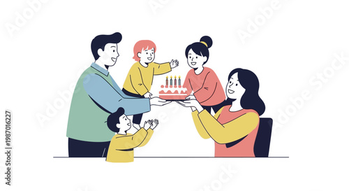 Celebrating happy Mother's Day in 2026, a cheerful family presents a decorated cake with lit candles, captured in a bright, minimalist vector illustration against a clean white background