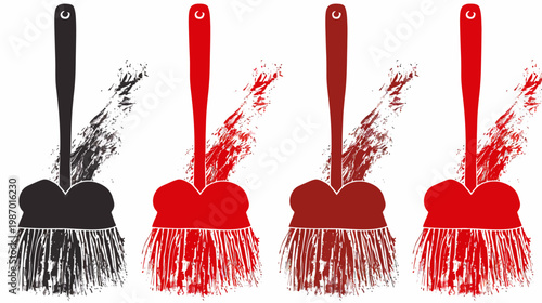 Four stylized brooms, each in different colors, with a handle, head and bristles on white backdrop