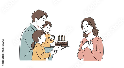 Celebrating happy Mothers Day 2026 with family, a line art illustration depicts a smiling mother receiving a birthday cake from her husband and children in a minimalist style, set