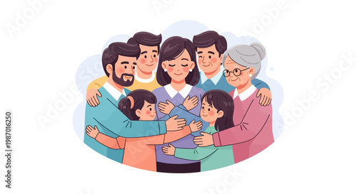 A warm illustration depicts a multigenerational family embracing to celebrate happy Mothers Day 2026, featuring children, parents, and grandparents in a close-knit group hug against a clean