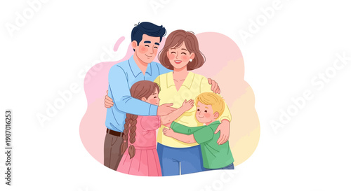 A happy family is seen embracing tightly to celebrate Mothers Day 2026 with love and joy, depicted in a colorful illustration with soft pastel tones against a clean white background