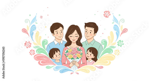 Illustration celebrating a happy Mothers Day in 2026 with family, showcasing a mother holding a bouquet surrounded by her husband, son, and daughter against a white backdrop
