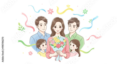 Watercolor illustration depicting a happy family celebrating Mothers Day 2026, with the mother holding a bouquet of flowers surrounded by her two children and two fathers against a white