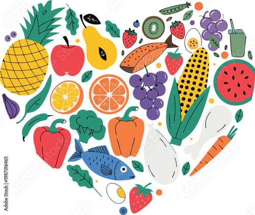 Nourishing Heart: A vibrant illustration showcasing a heart-shaped arrangement of wholesome fruits and vegetables, symbolizing the importance of healthy eating and well-being.