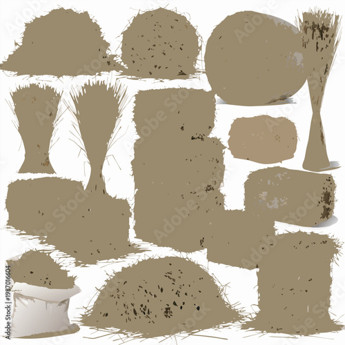 Harvest Abundance: An artistic composition showcases various forms of hay bales and wheat, representing the bounty of the harvest season, and the staple of agriculture.